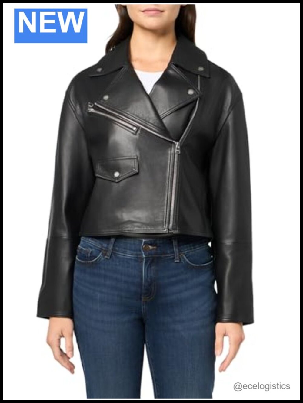 HUGO Cropped Lamb Leather Biker Jacket Long Sleeve Zipper
